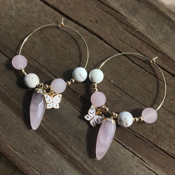 Rose Quartz White Turquoise Butterfly Hoop Earring - Picture 2 of 6